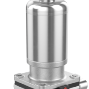 GEMÜ 616 2/2-utú pneumatikus membránszelep steril alkalmazásokhoz, kompakt kivitelben, rozsdamentes működtető egységgel és higiénikus szelepházzal.