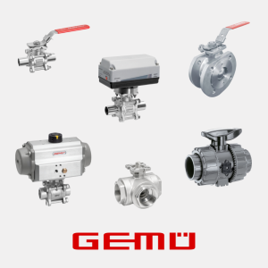 A képen GEMÜ gyártmányú gömbcsapok láthatóak, a kép alján pedig a GEMÜ logoja.