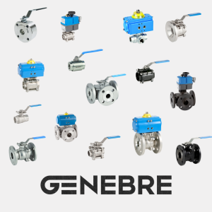 A képen GENEBRE gyártmányú gömbcsapok láthatóak, a kép alján pedig a GENEBRE logoja. 